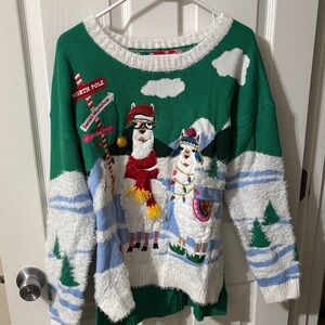Festive Green and White Sweater with Llama Design size large